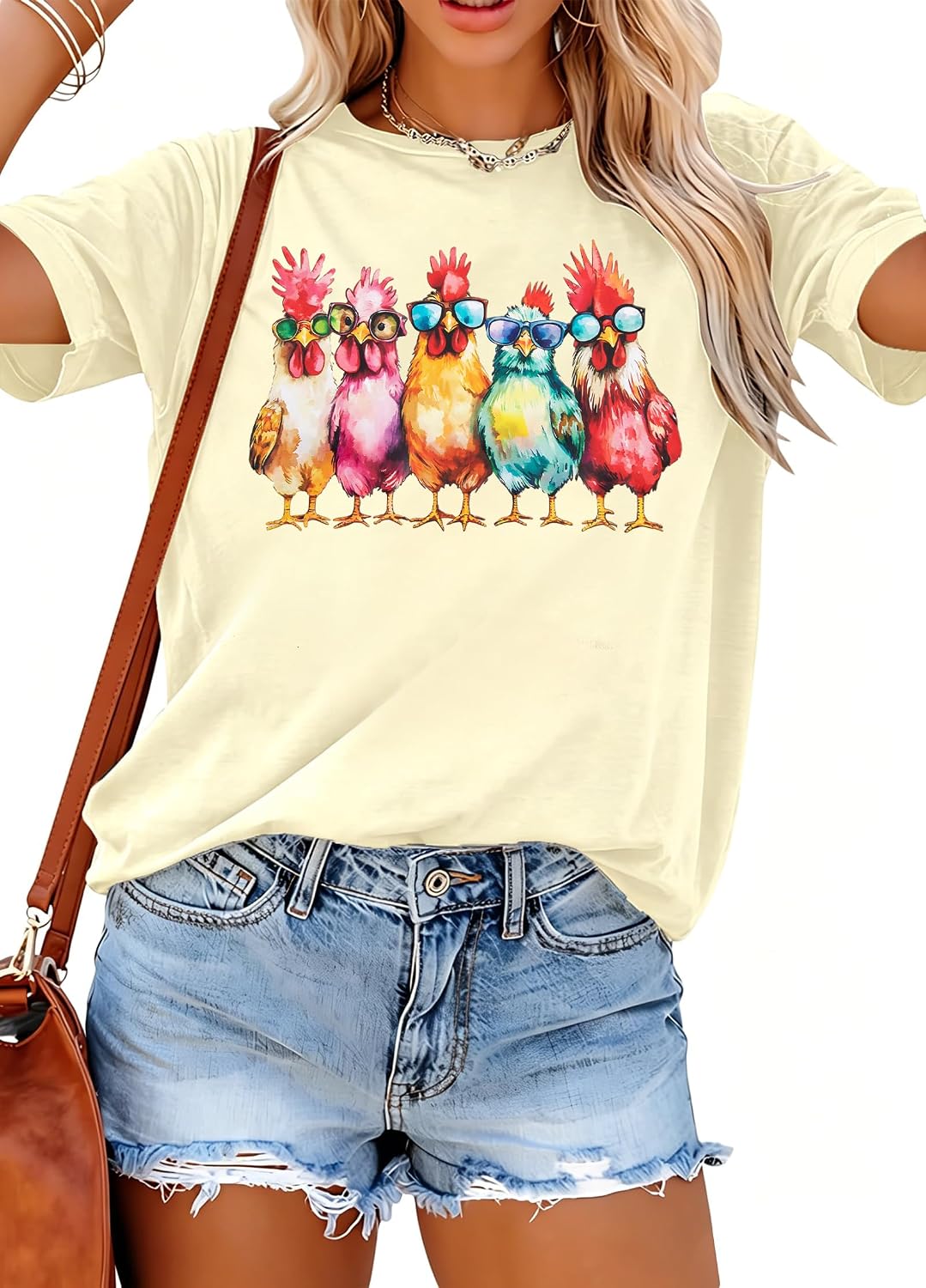 Chicken Shirts for Women Chicken Mom Tshirt Farm Casual Short Sleeve Tops - Apricot-a