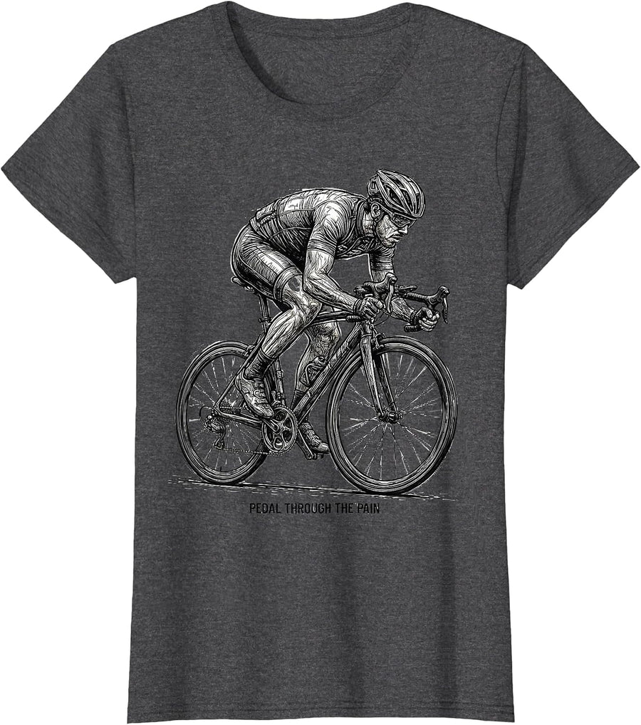 Women's Pedal Through The Pain Cycling Design T-Shirt - Dark Heather Grey