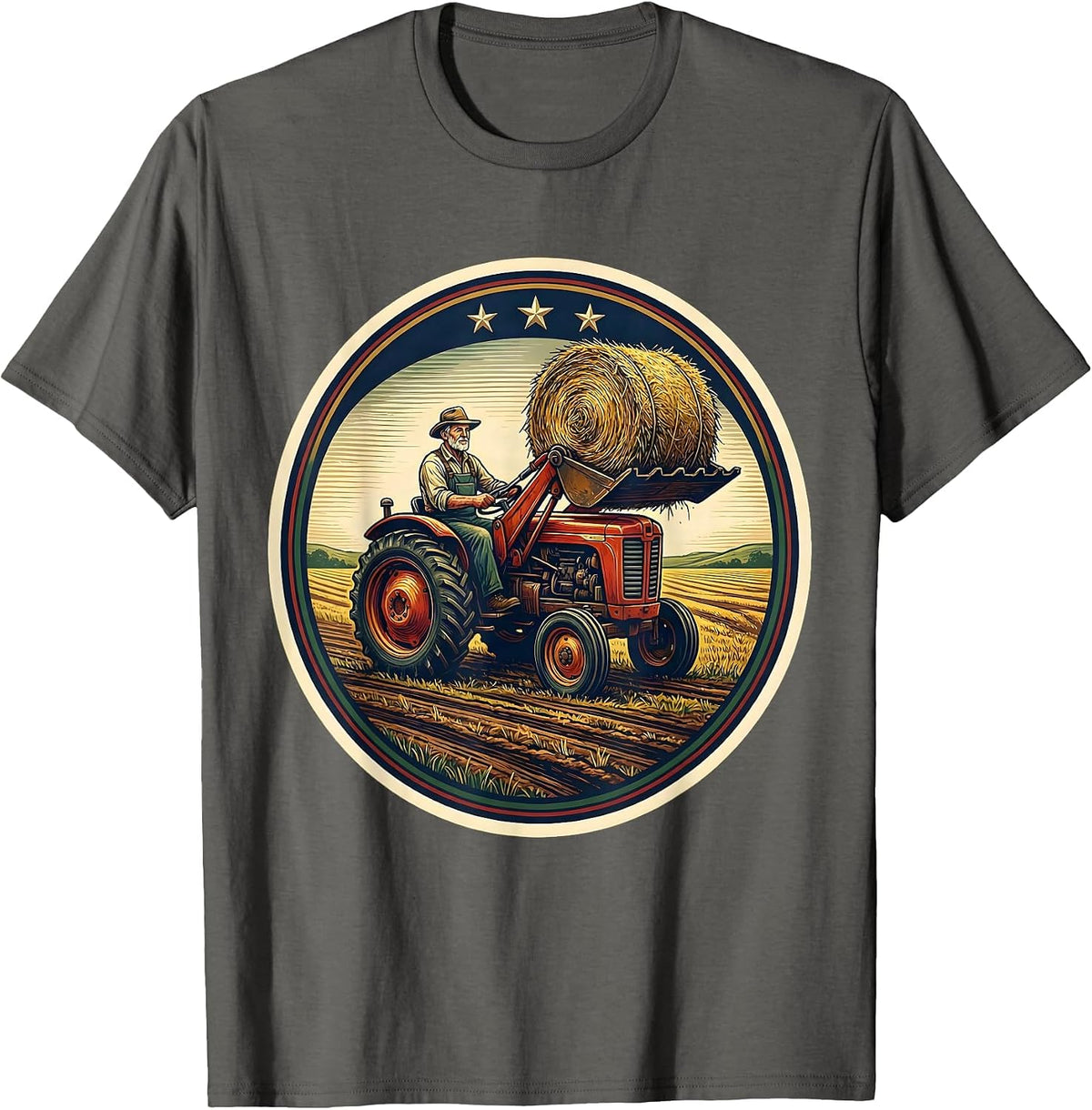 Men's Farm Tractor Farmer Badge Humor Pride T-Shirt - Asphalt Grey