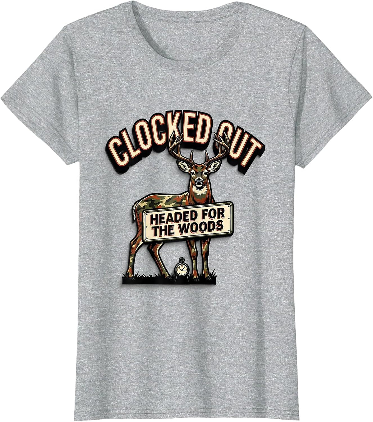 Clocked Out Headed For The Woods Funny Deer Hunter Gift T-Shirt - Heather Grey