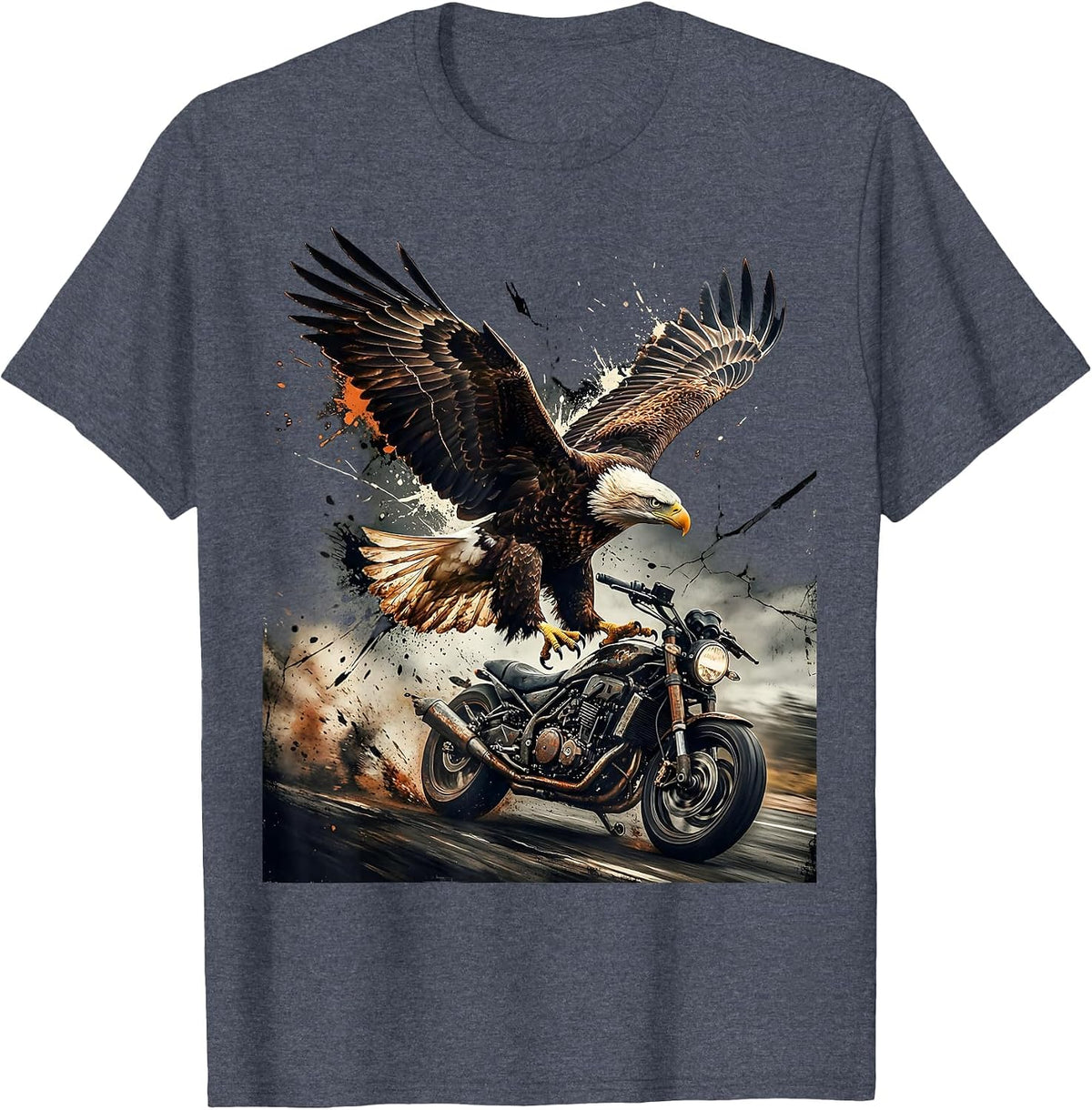 Eagle Swooping Over Speeding Motorcycle Graphic T-Shirt - Heather Blue