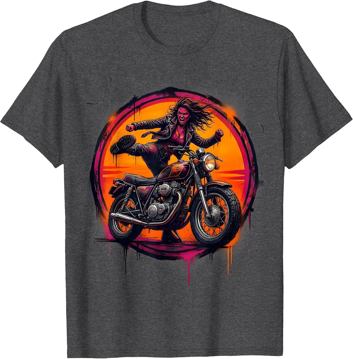 Vintage Motorcycle Kick-Start Dusk Biker Graphic T-Shirt - Dark Heather Grey