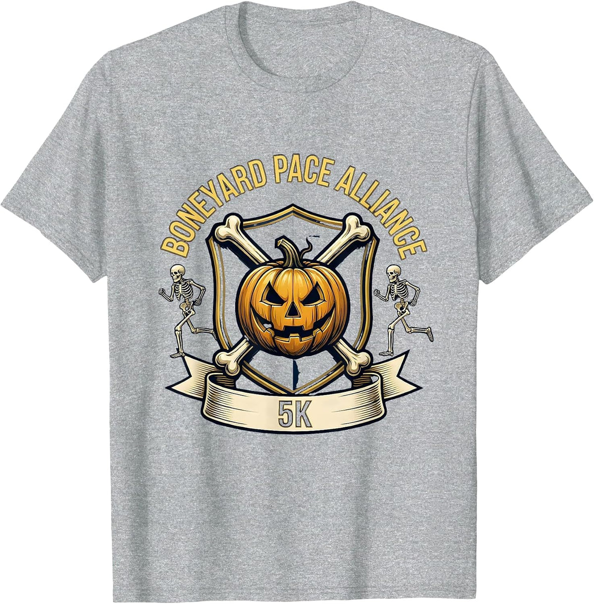 Men's Boneyard Pace Alliance 5K Funny Skeleton Halloween Runner T-Shirt - Heather Grey