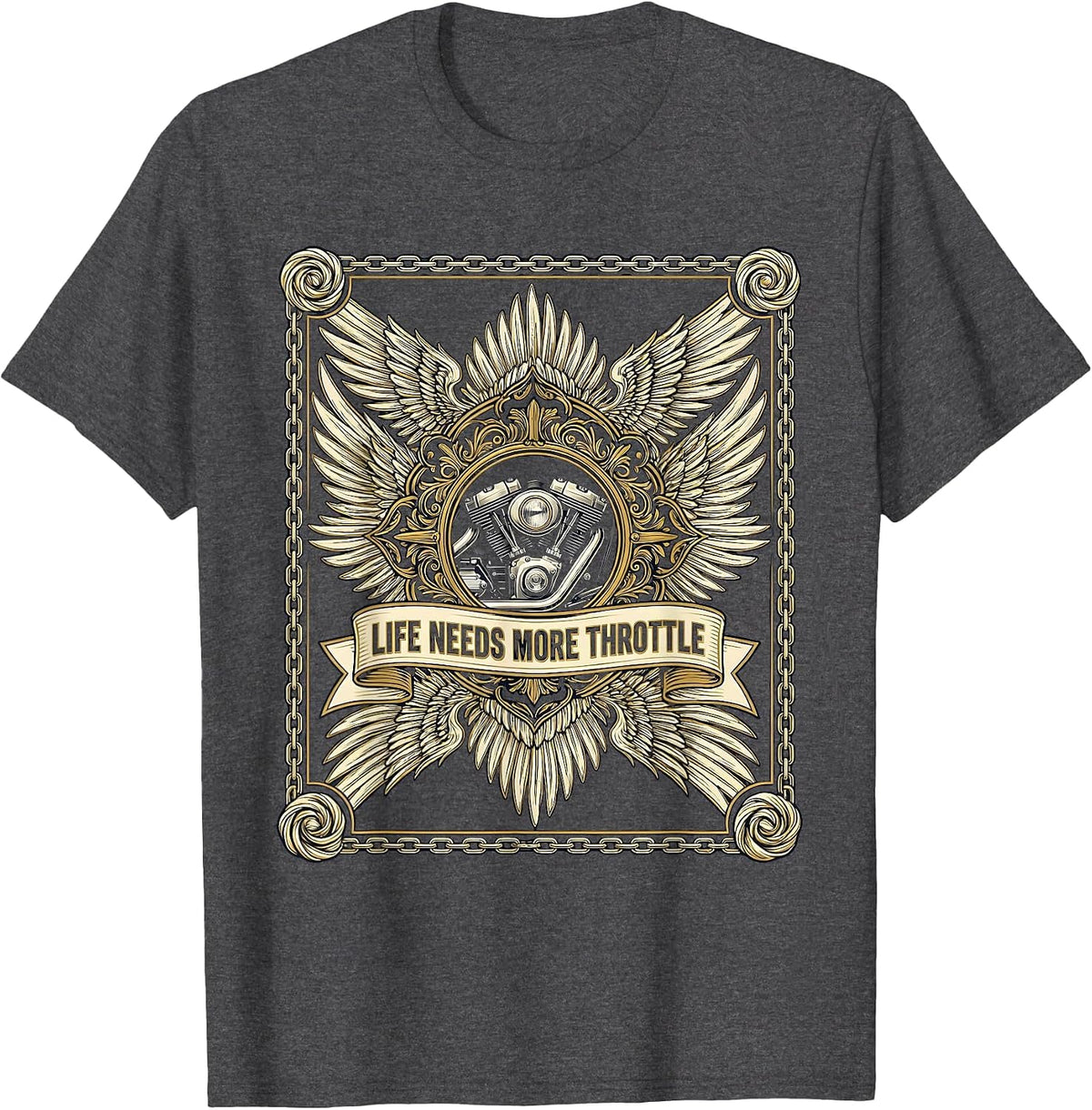 Life Needs More Throttle Motorcycle Design T-Shirt - Dark Heather Grey