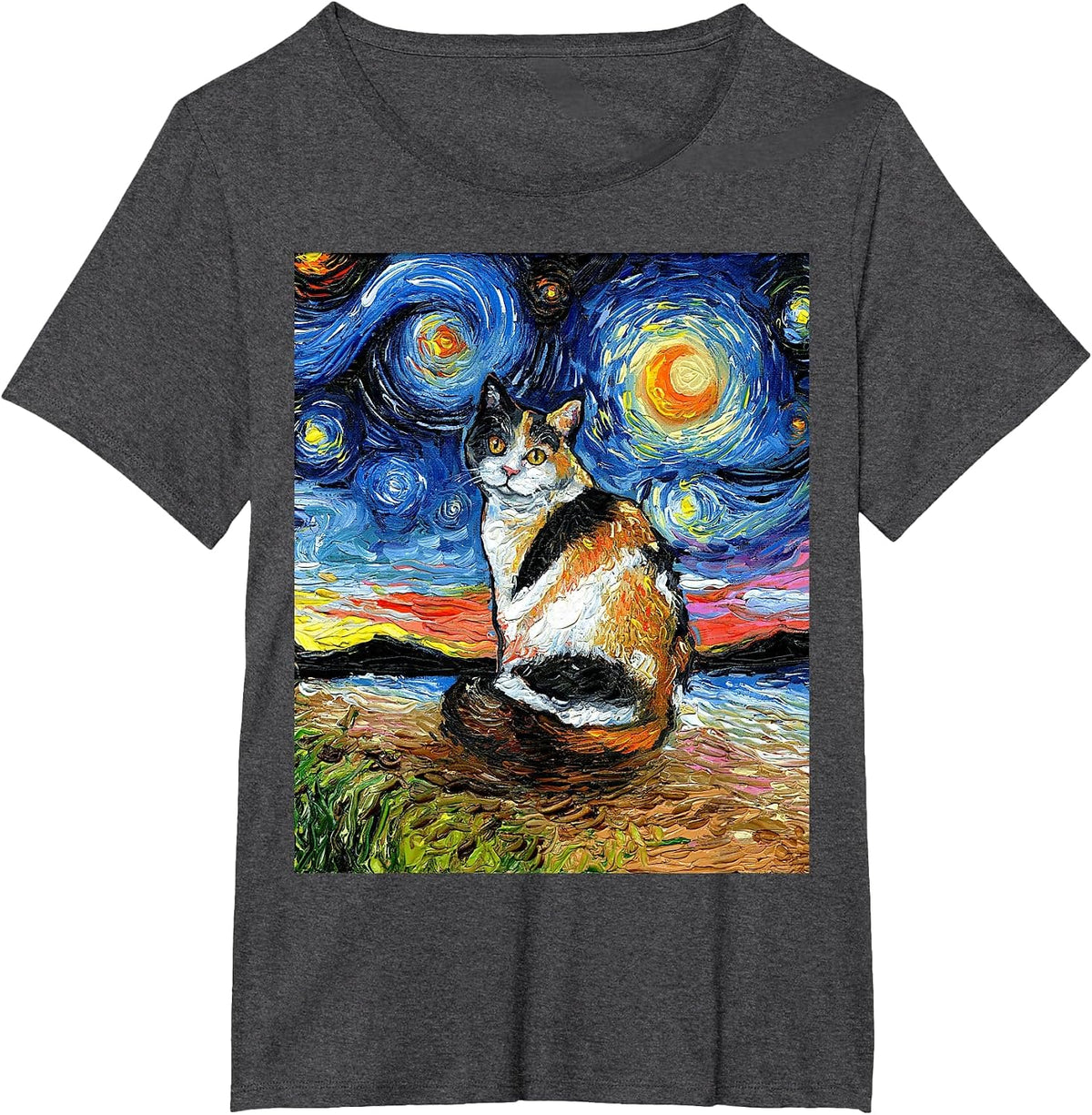 Calico Cat Starry Night Kitty and Moon Celestial Artwork T-Shirt - Dark Heather Grey
