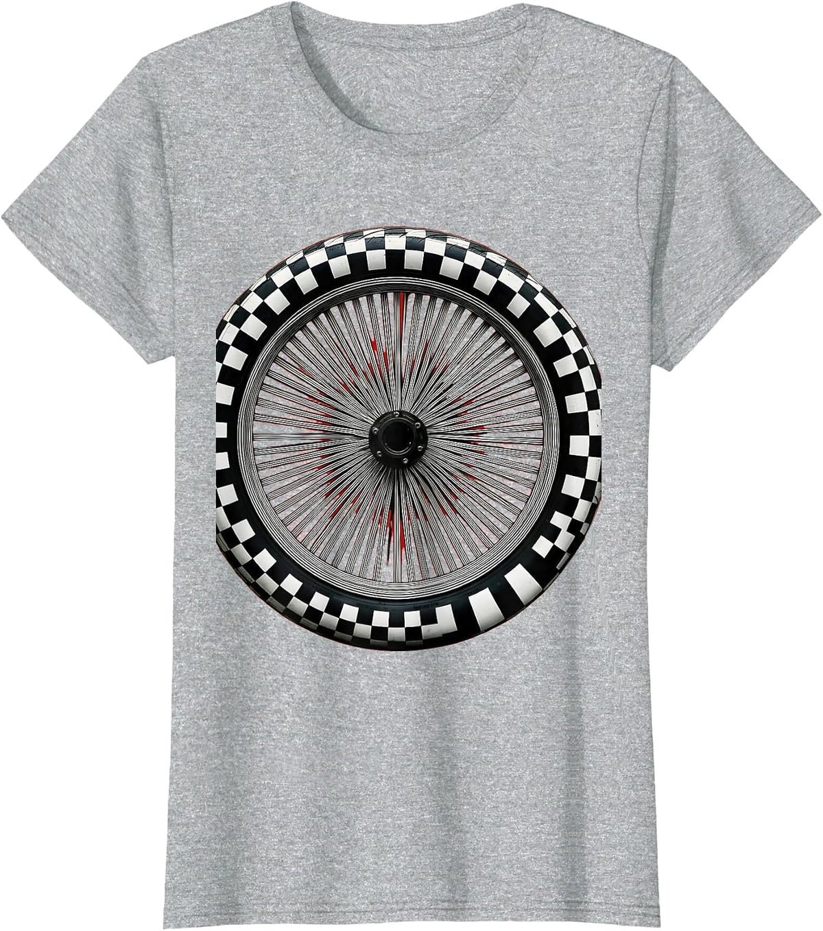 Women's Motorcycle Wheel Checkered Tire Tread Graphic T-Shirt - Heather Grey
