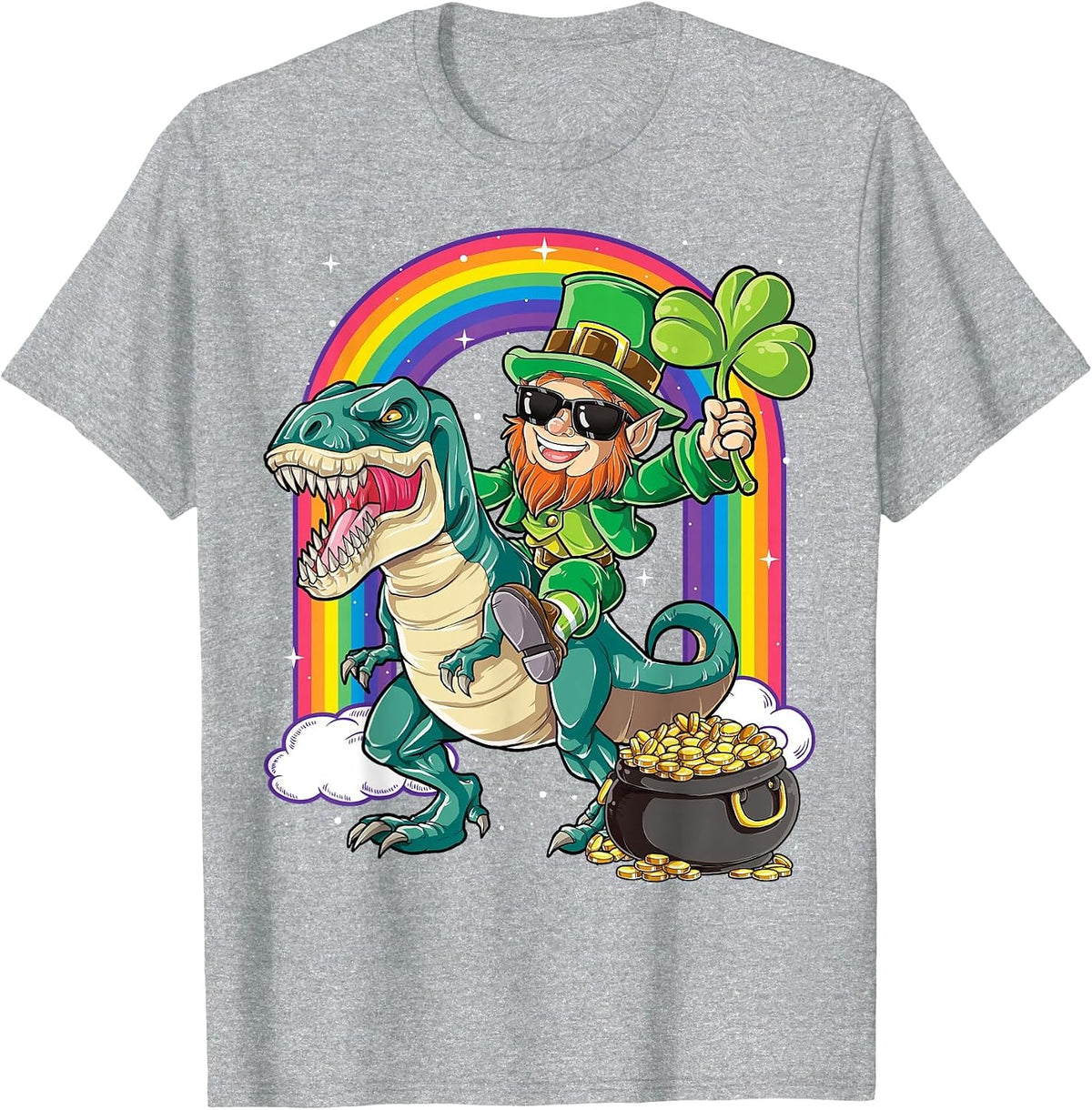 Leprechaun Riding Dinosaur St Patricks Day Boys Men T rex T-Shirt - Heather Grey