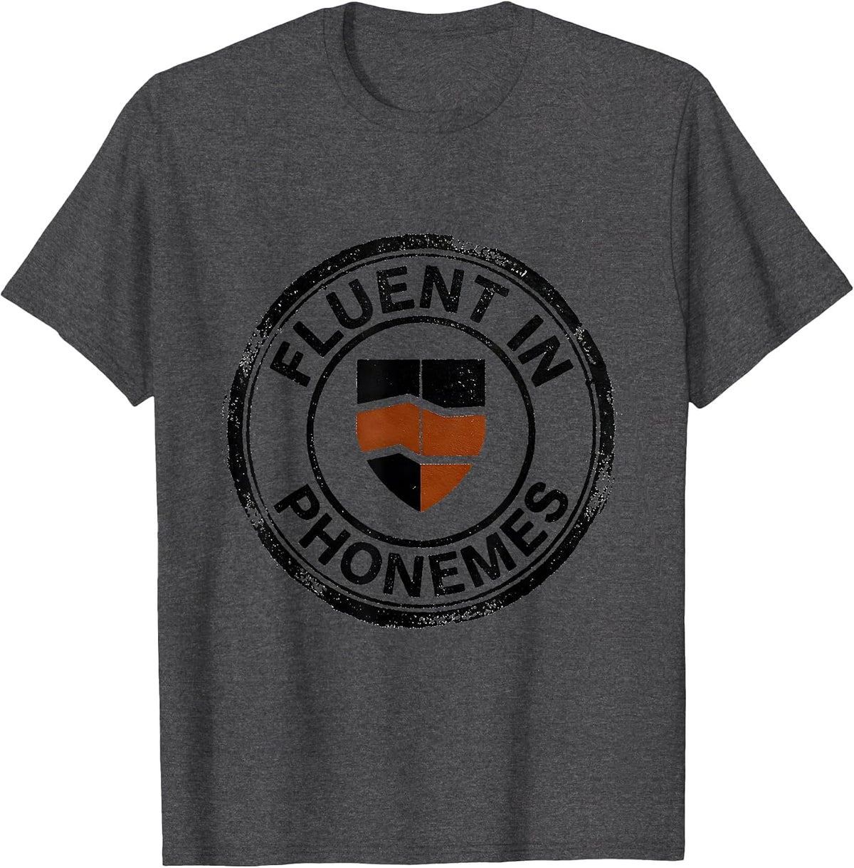 Fluent In Phonemes Rubber Stamp Dyslexia Teacher Awareness T-Shirt - Dark Heather Grey