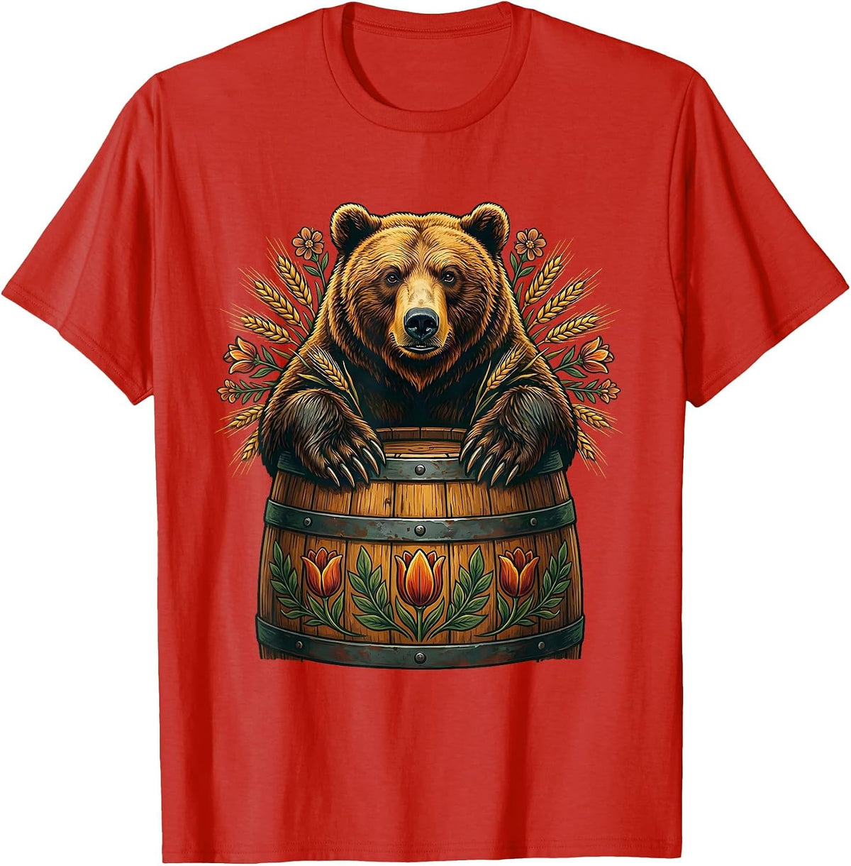 Men's Grizzly Bear Emerging From a Barrel Design T-Shirt - Red