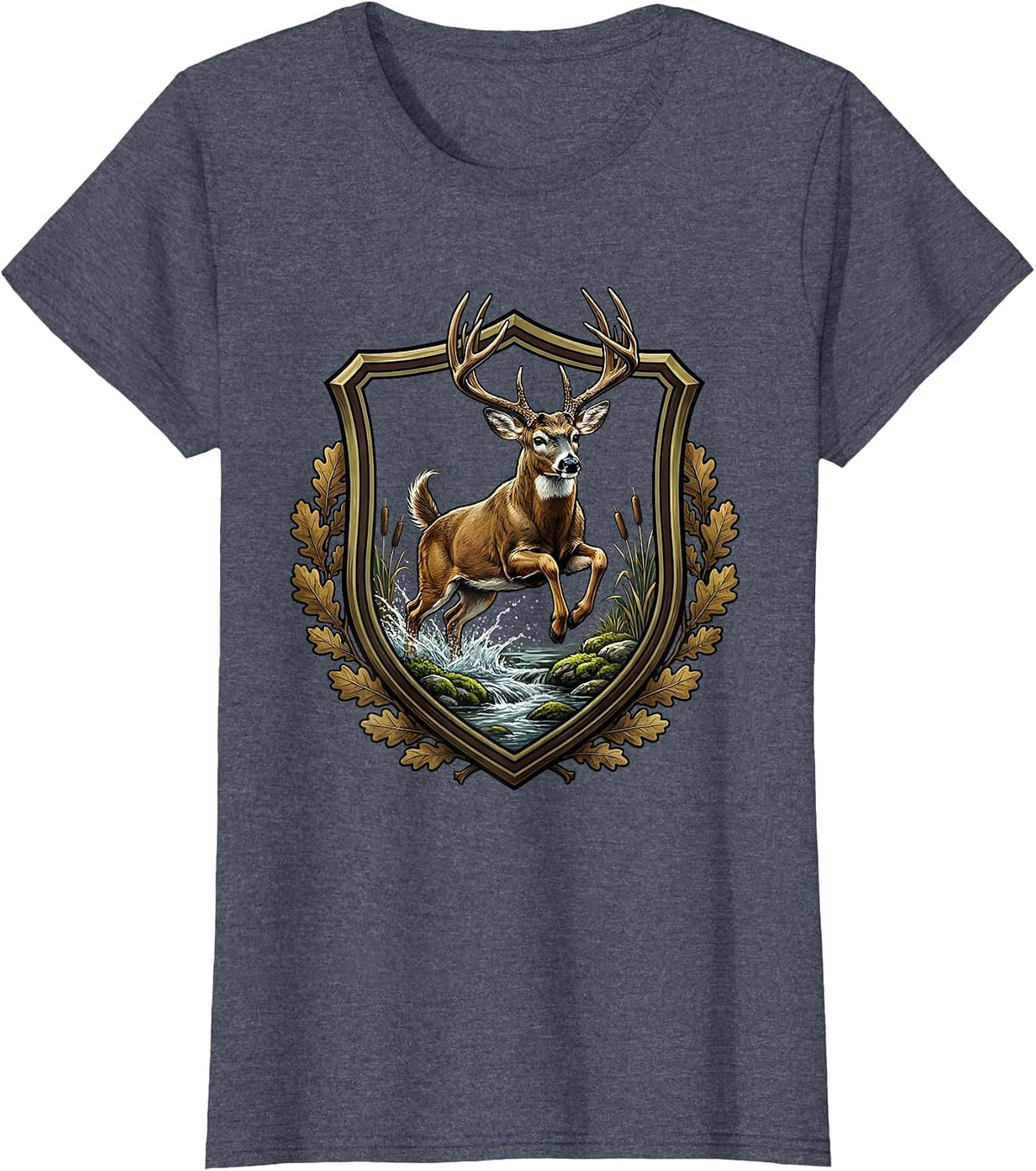 Women's Whitetail Buck Leaping Over Mossy Creek Camo T-Shirt - Heather Blue