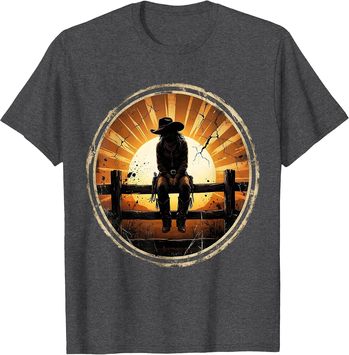 Cowgirl Sitting on Fence at Dusk Illustration T-Shirt - Dark Heather Grey