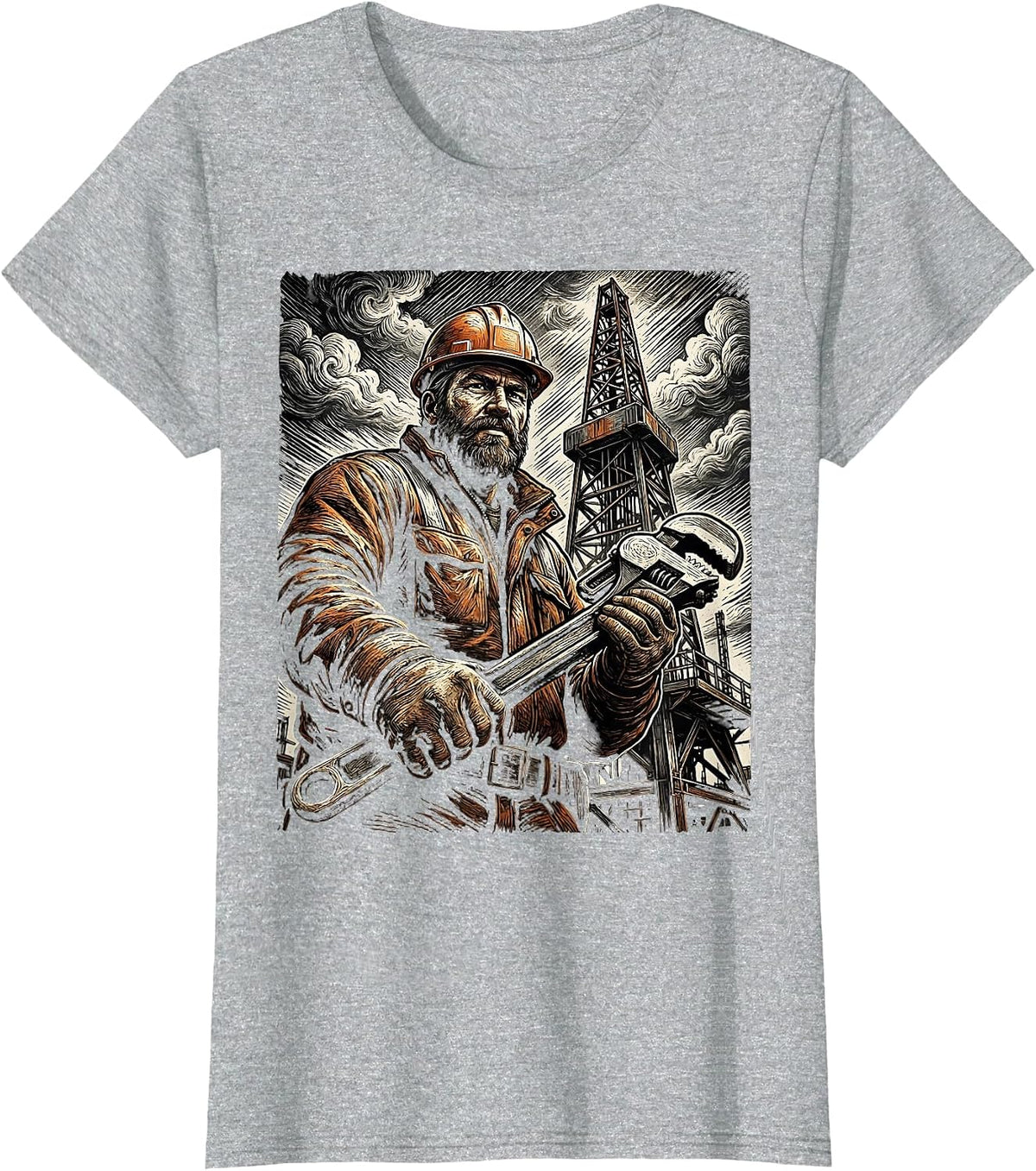 Oil Rig Worker Stormy Sky Illustration T-Shirt - Heather Grey
