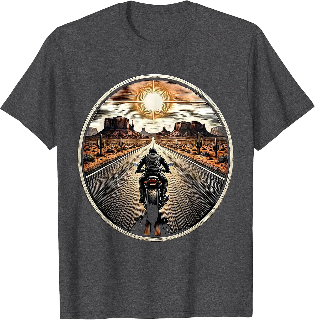 Men's Lone Biker Desert Highway Motorcycle Graphic T-Shirt - Dark Heather Grey