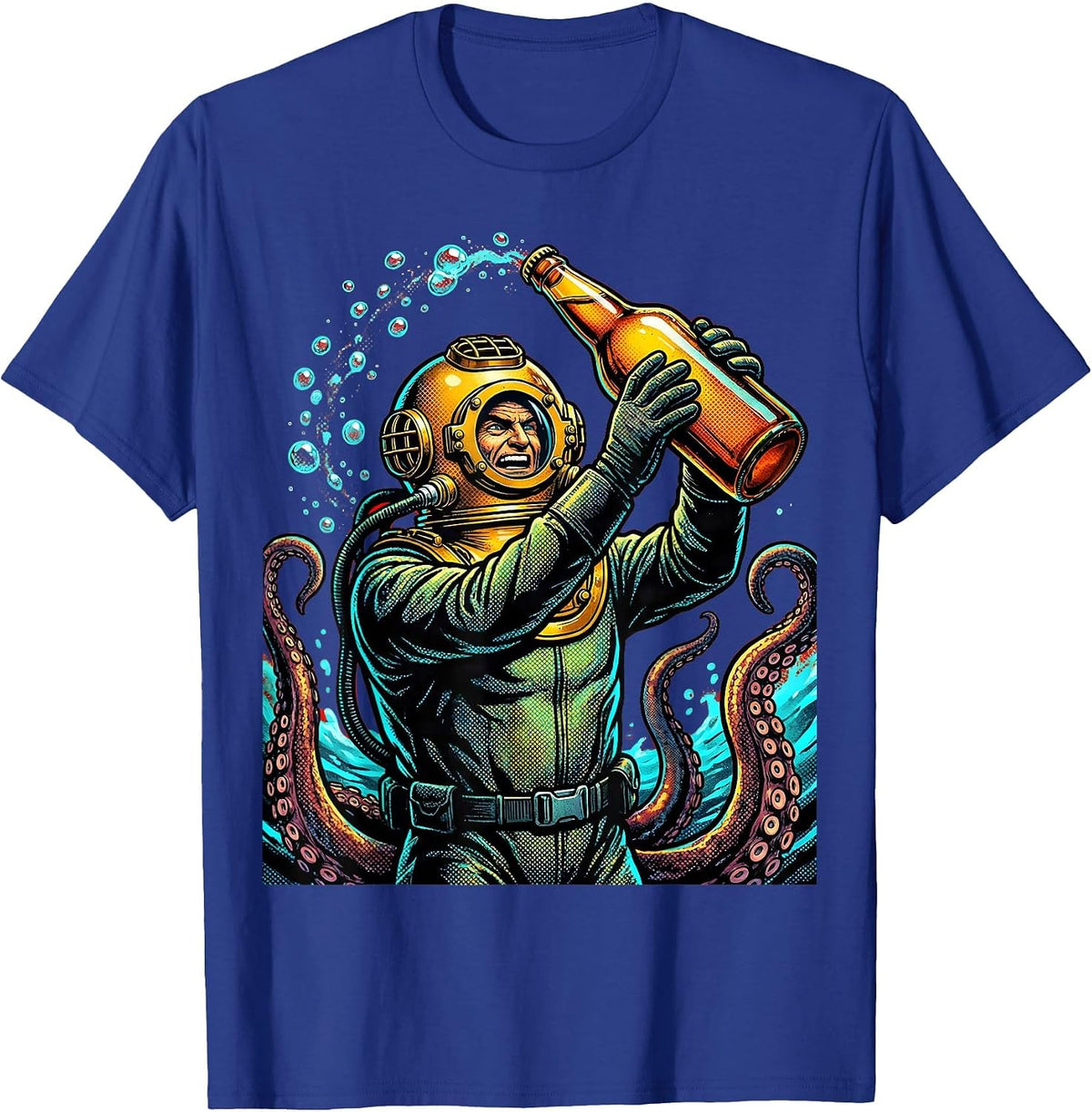 Men's Deep Sea Diver Giant Beer Bottle Illustration T-Shirt - Royal Blue