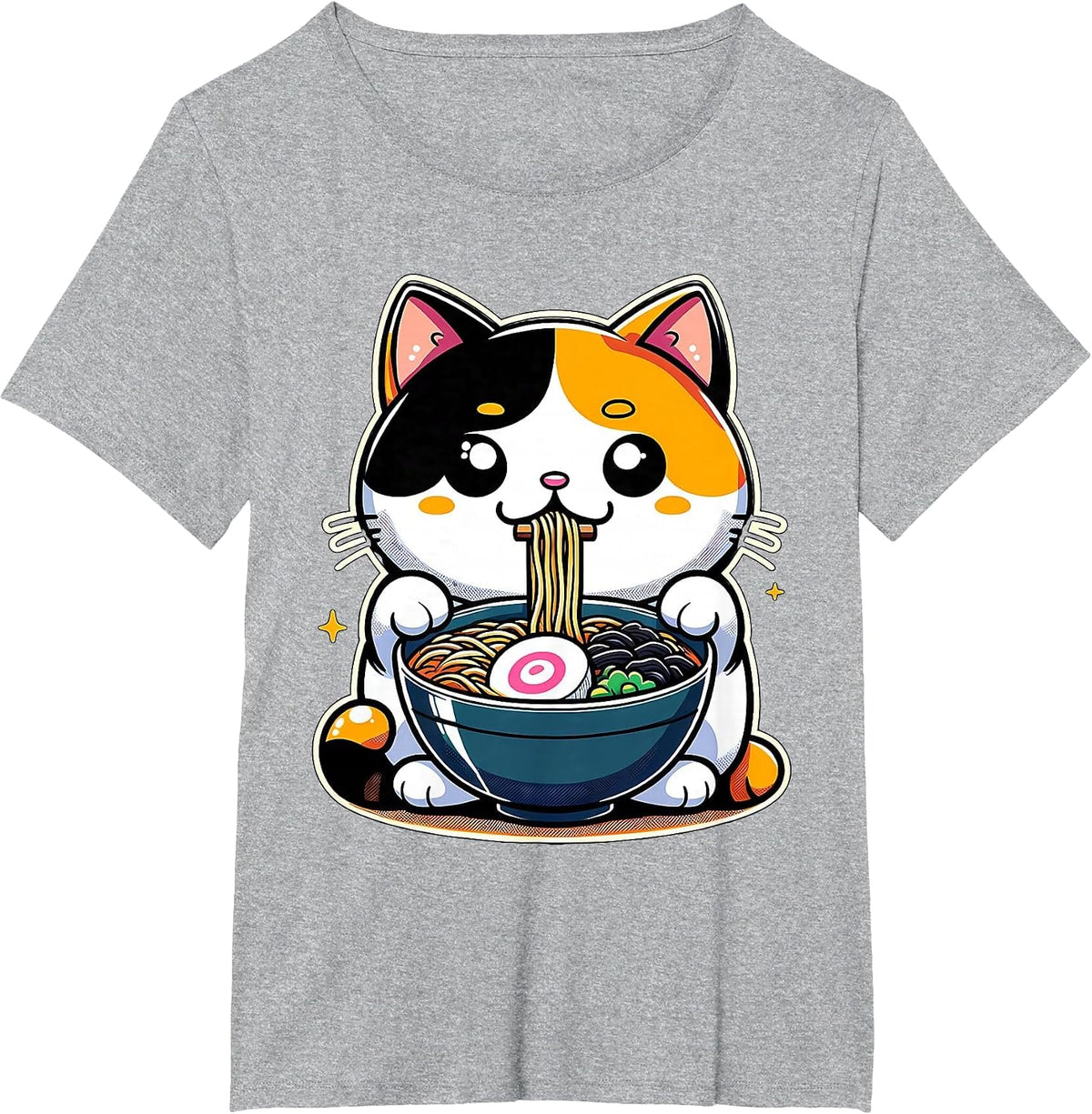 Kawaii Anime Calico Cat Ramen T-Shirt - Heather Grey