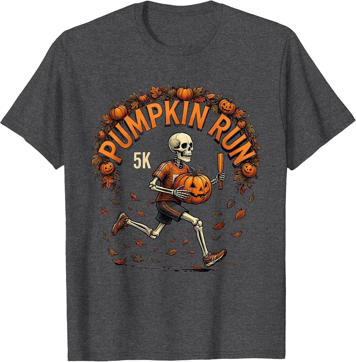 Men's Pumpkin Run 5K Funny Halloween Skeleton Runner Costume T-Shirt - Dark Heather Grey