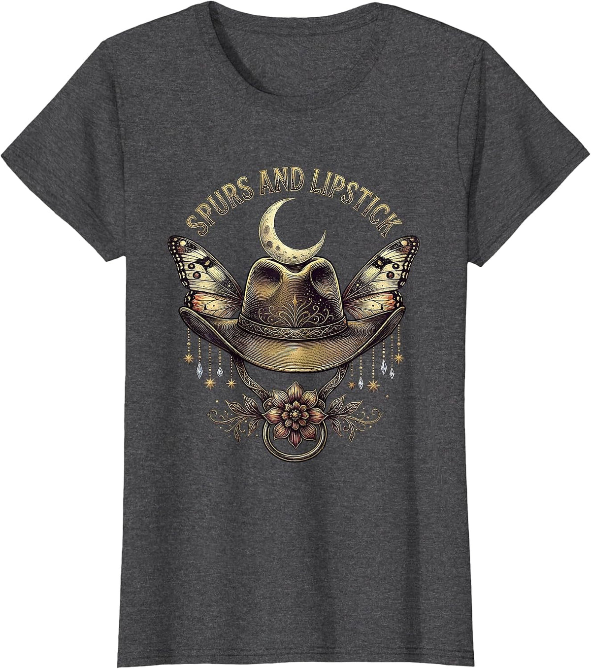 Women's Spurs and Lipstick Cowboy Western Design T-Shirt - Dark Heather Grey