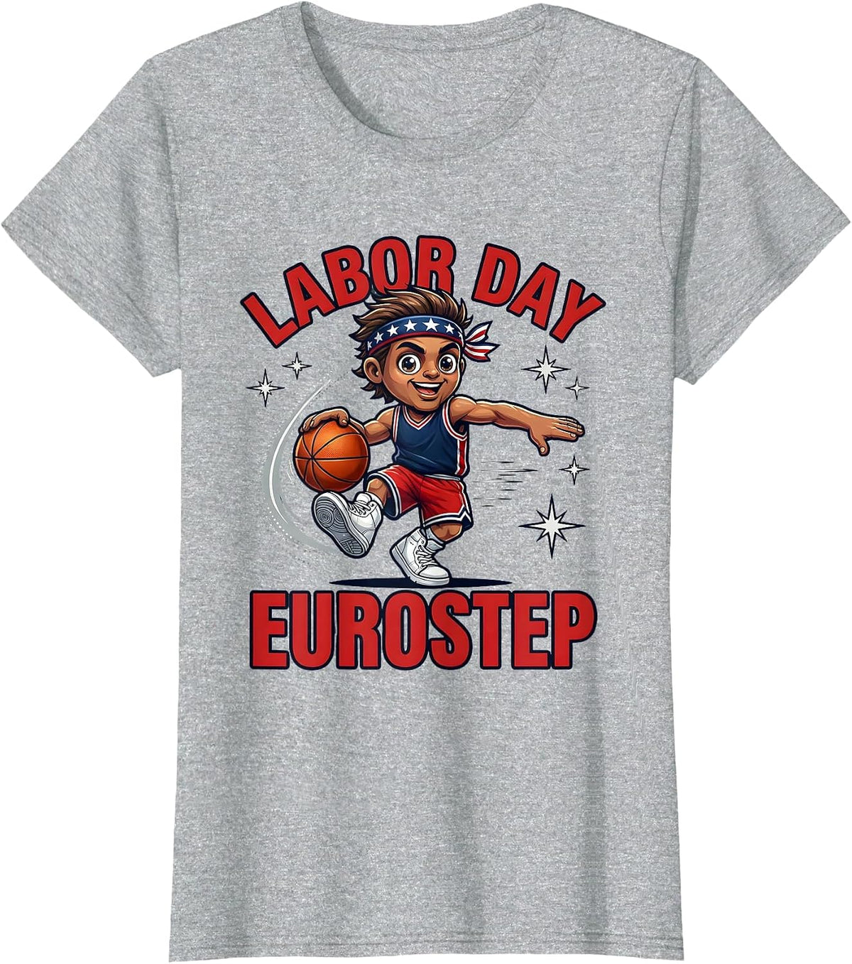 Women's LABOR DAY EUROSTEP Cartoon Basketball Player Patriotic T-Shirt - Heather Grey
