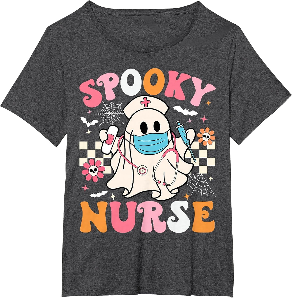 Spooky Nurse Ghost Halloween Cute Groovy Nursing Halloween T-Shirt - Dark Heather Grey