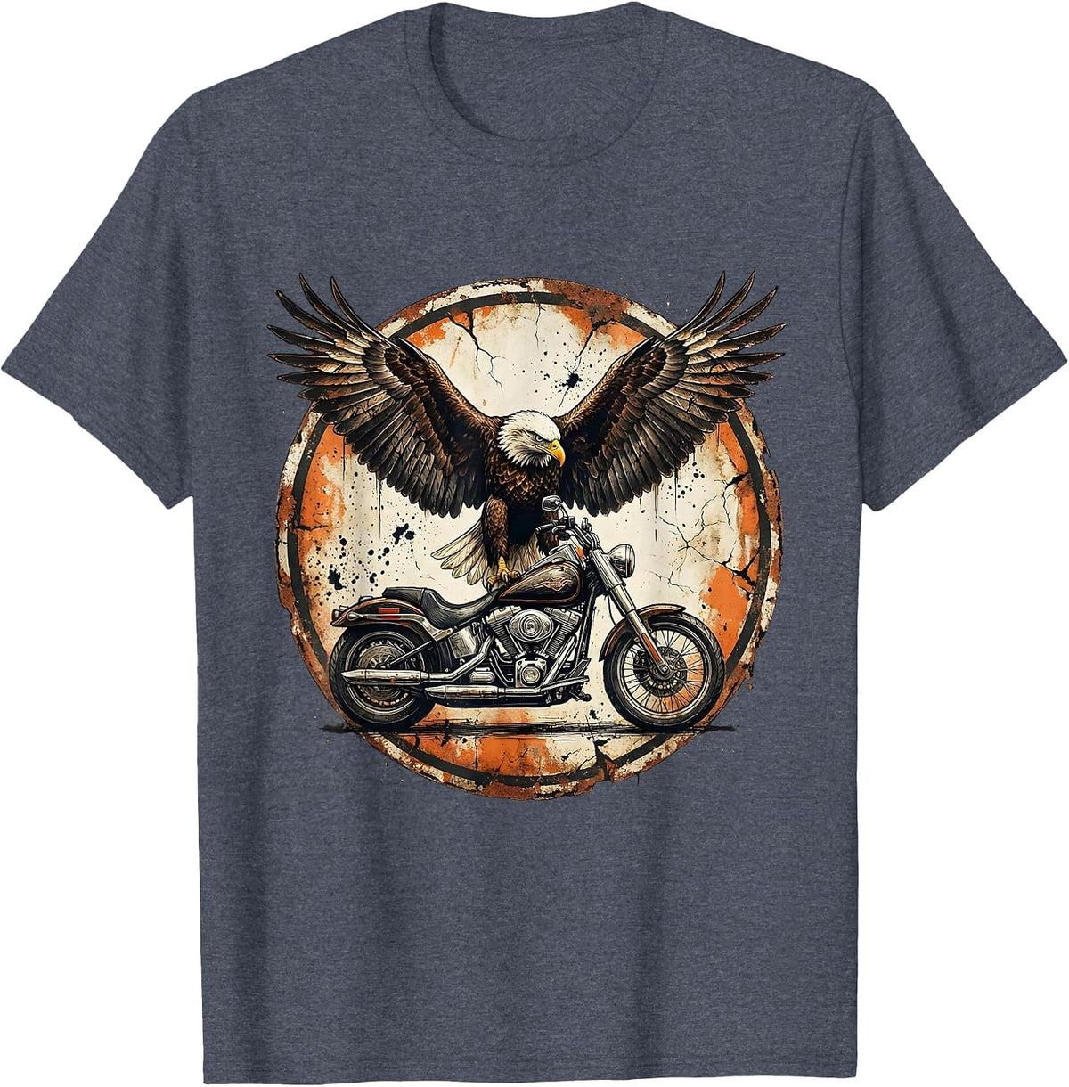 Eagle Wings Chrome Motorcycle Biker Graphic T-Shirt - Heather Blue