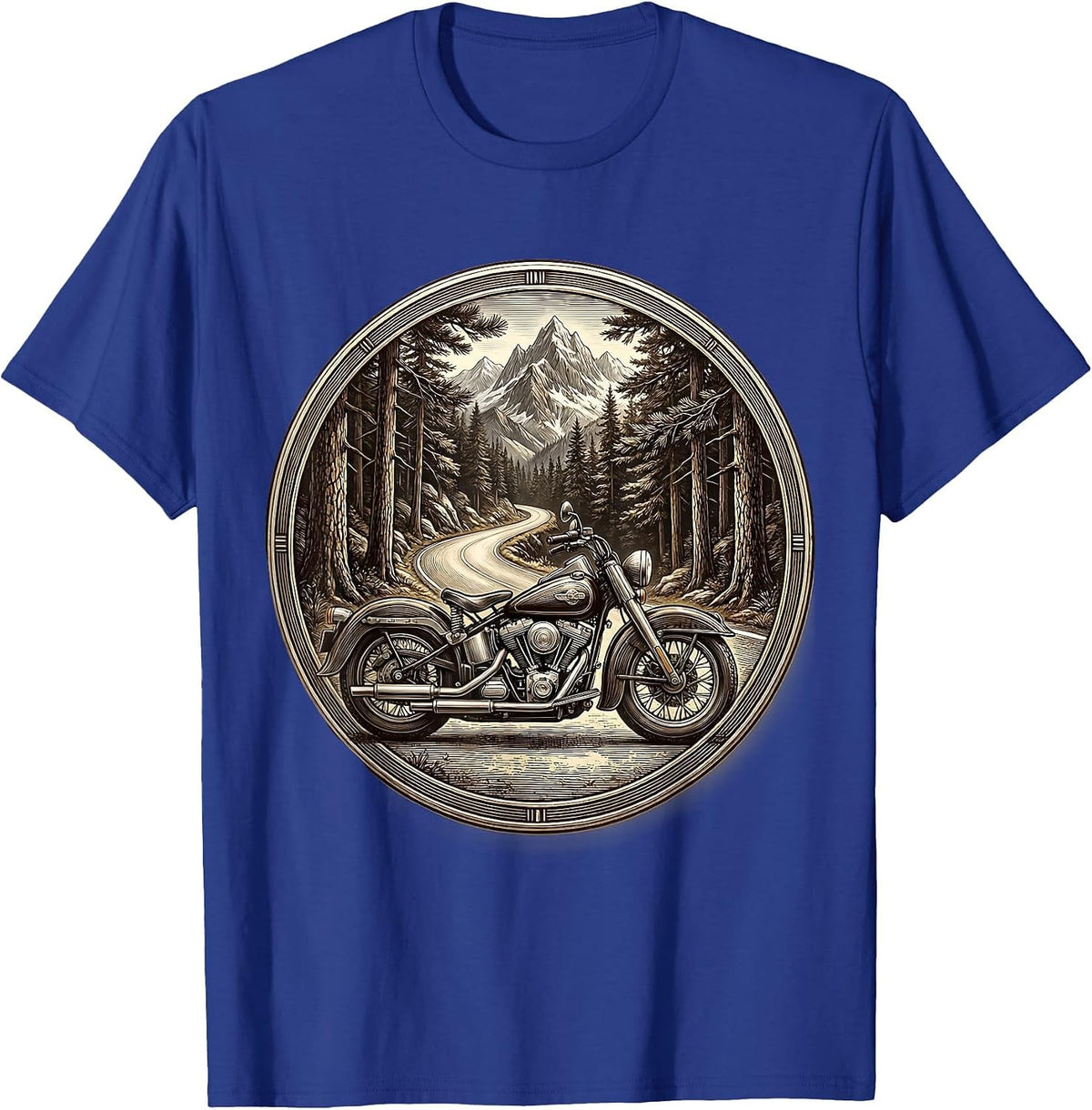 Men's Mountain Road Pine Forest Motorcycle Graphic T-Shirt - Royal Blue