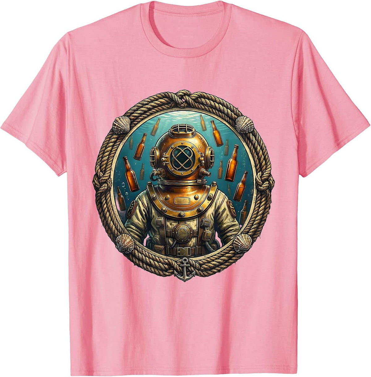 Men's Deep Sea Diver Beer Bottles Underwater Graphic T-Shirt - Pink