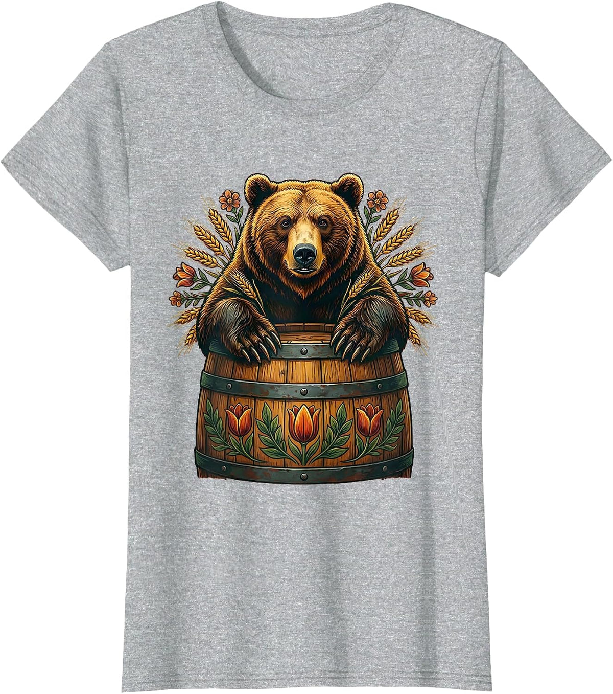 Women's Grizzly Bear Emerging From a Barrel Design T-Shirt - Heather Grey