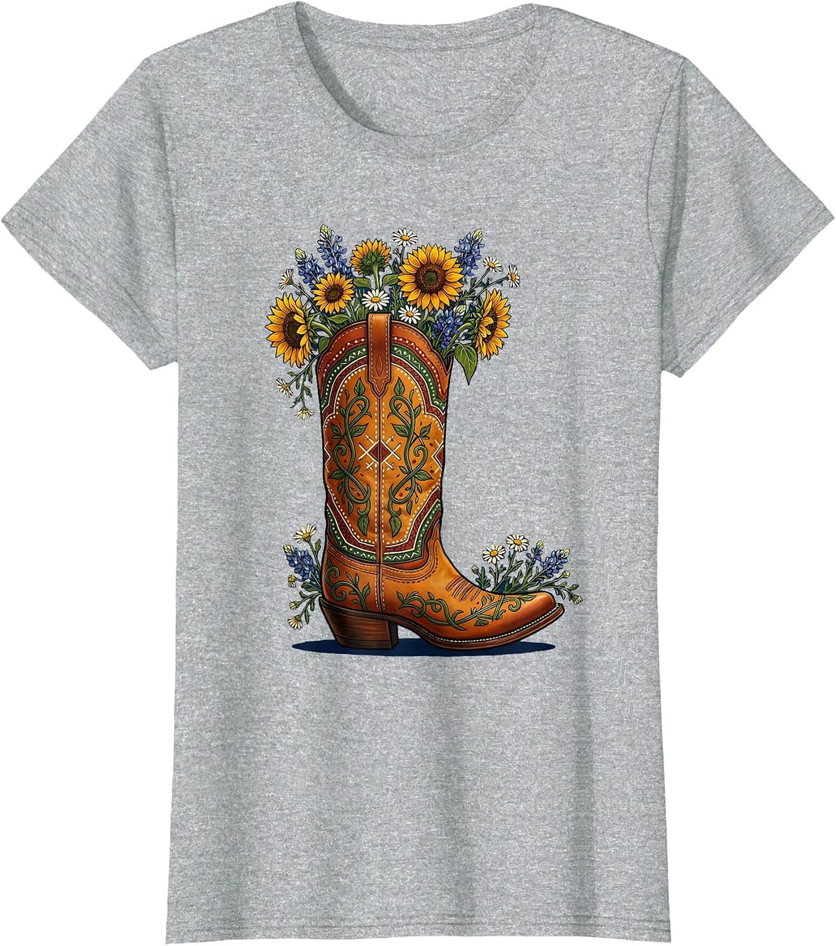 Women's Wildflower Cowboy Boot Western Illustration T-Shirt - Heather Grey