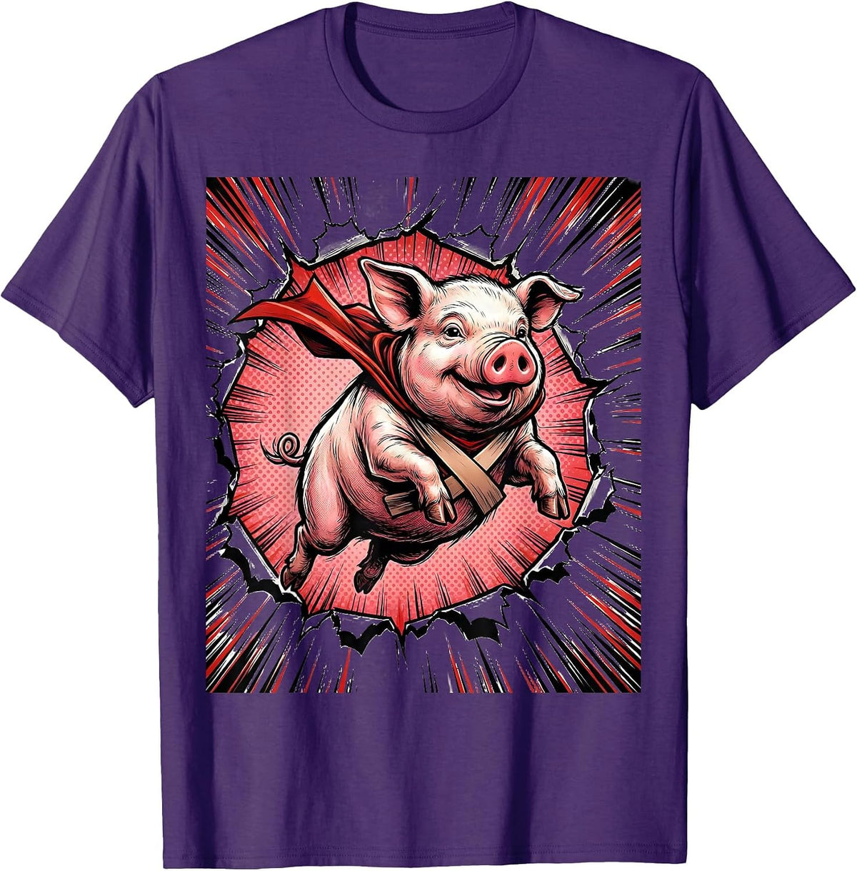 Men's Cheerful Pig Comic Book Animal Lover Novelty Humor T-Shirt - Purple