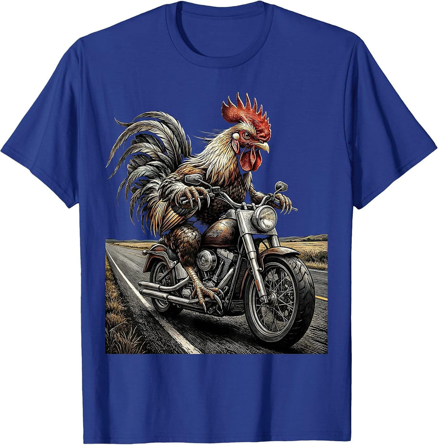 Rooster Motorcycle Rider Open Road Graphic T-Shirt - Royal Blue