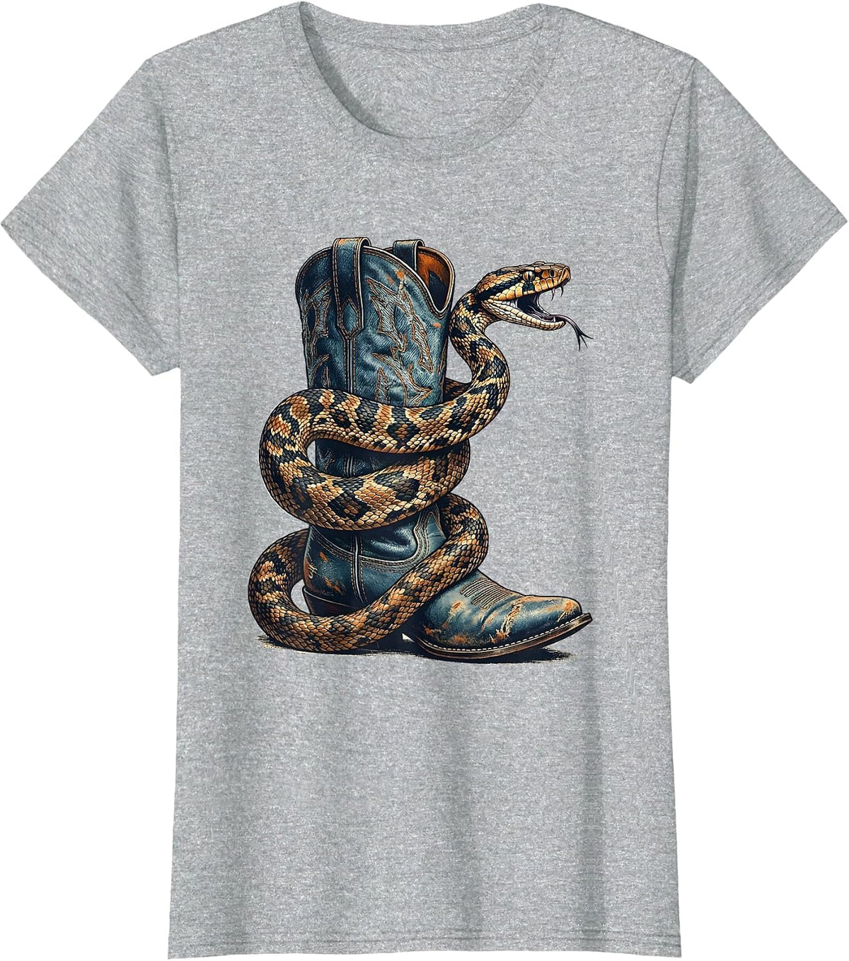 Women's Denim Cowgirl Snake Coiled Cowboy Boot Graphic T-Shirt - Heather Grey