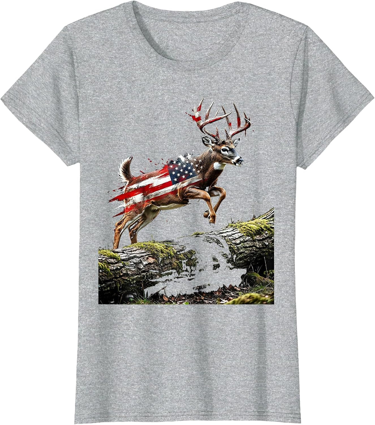 Women's Camo Whitetail Buck Leaping Over Fallen Log T-Shirt - Heather Grey