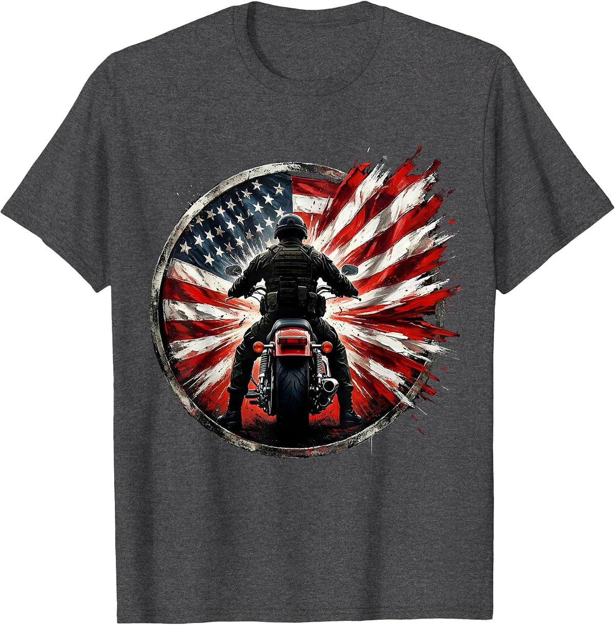 American Flag Motorcycle Rider Patriotic Graphic T-Shirt - Dark Heather Grey