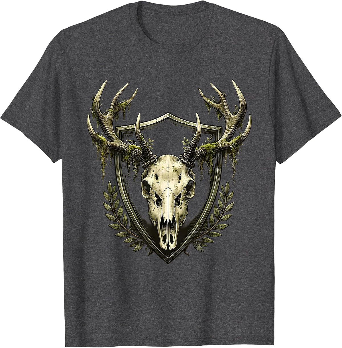 Men's Deer Skull Mossy Antler Rack Hunting Graphic T-Shirt - Dark Heather Grey