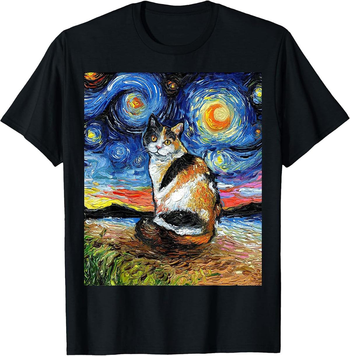 Calico Cat Starry Night Kitty and Moon Celestial Artwork T-Shirt - Black