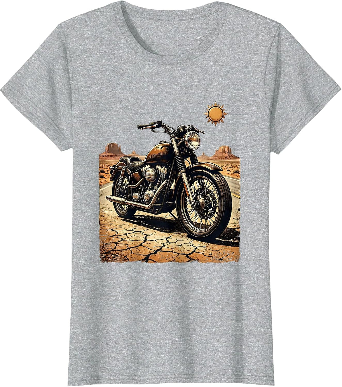 Vintage Motorcycle Desert Road Illustration T-Shirt - Heather Grey