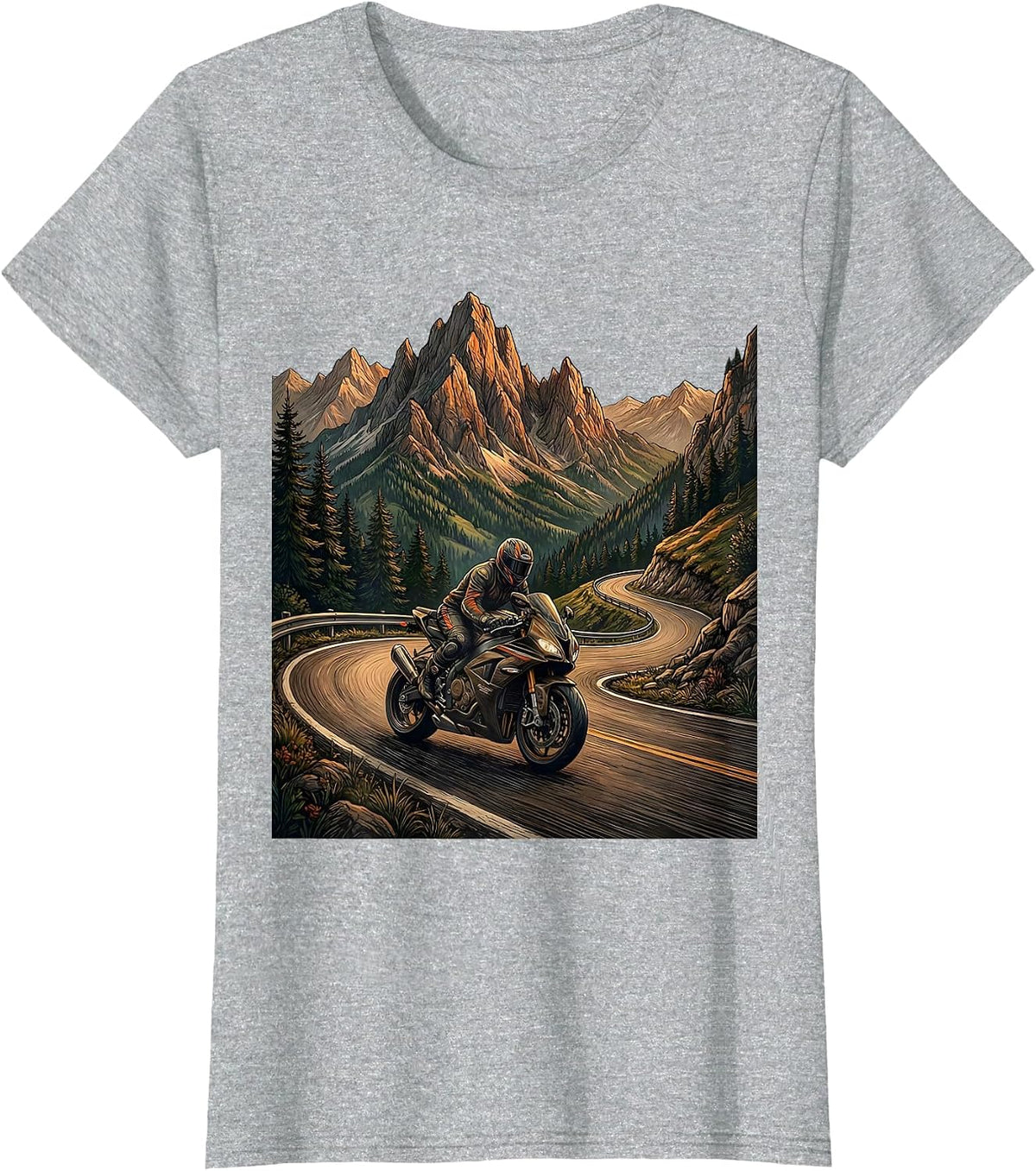 Mountain Road Motorcycle Rider Graphic Tee T-Shirt - Heather Grey