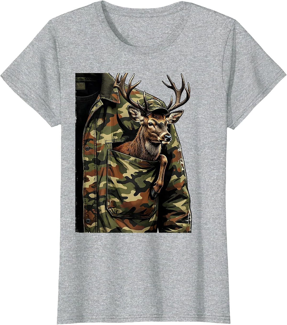 Women's Reclining Buck Distressed Camo Deer Hunting Gift T-Shirt - Heather Grey