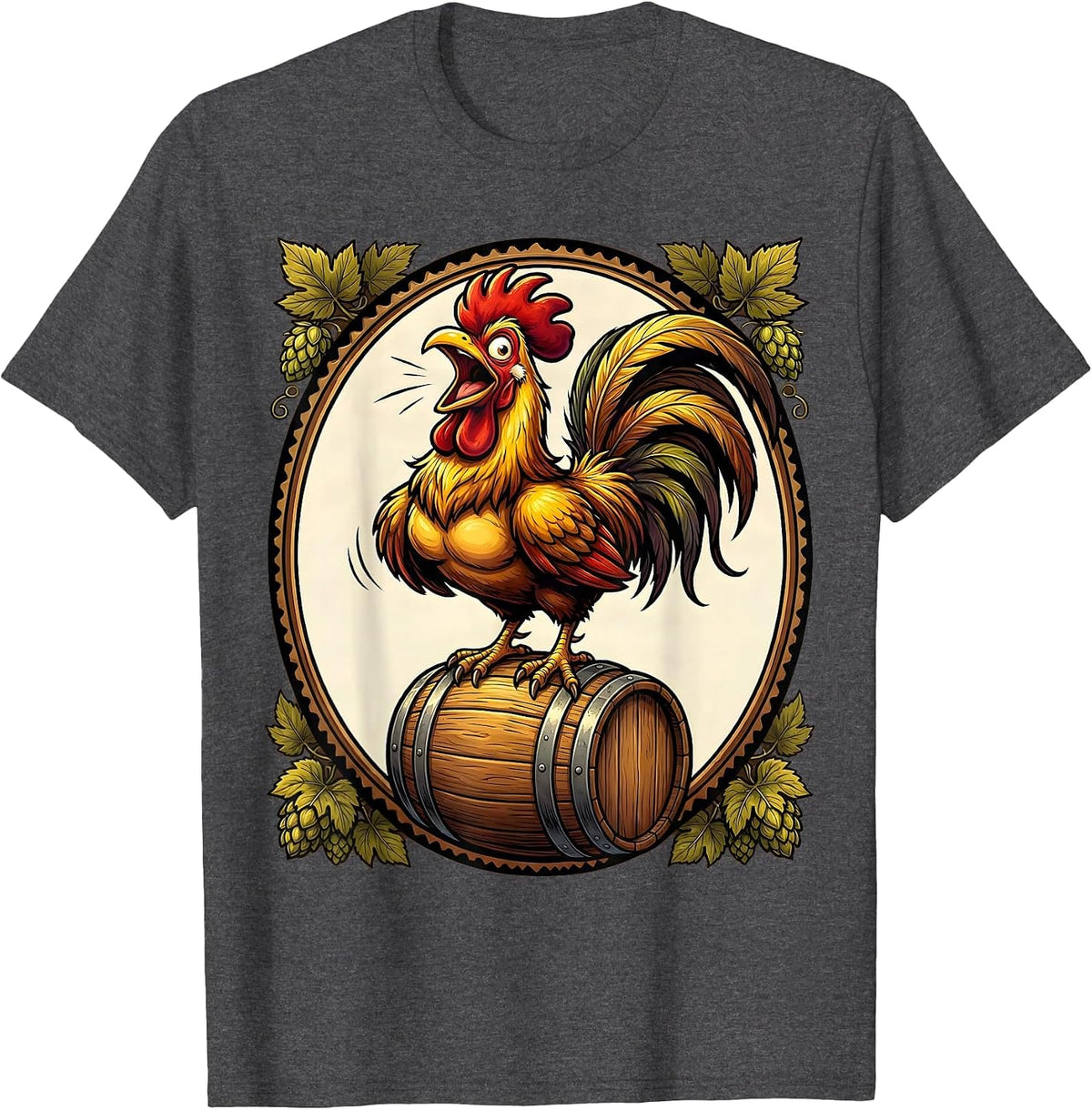 Men's Rooster on a Beer Keg Graphic Design T-Shirt - Dark Heather Grey