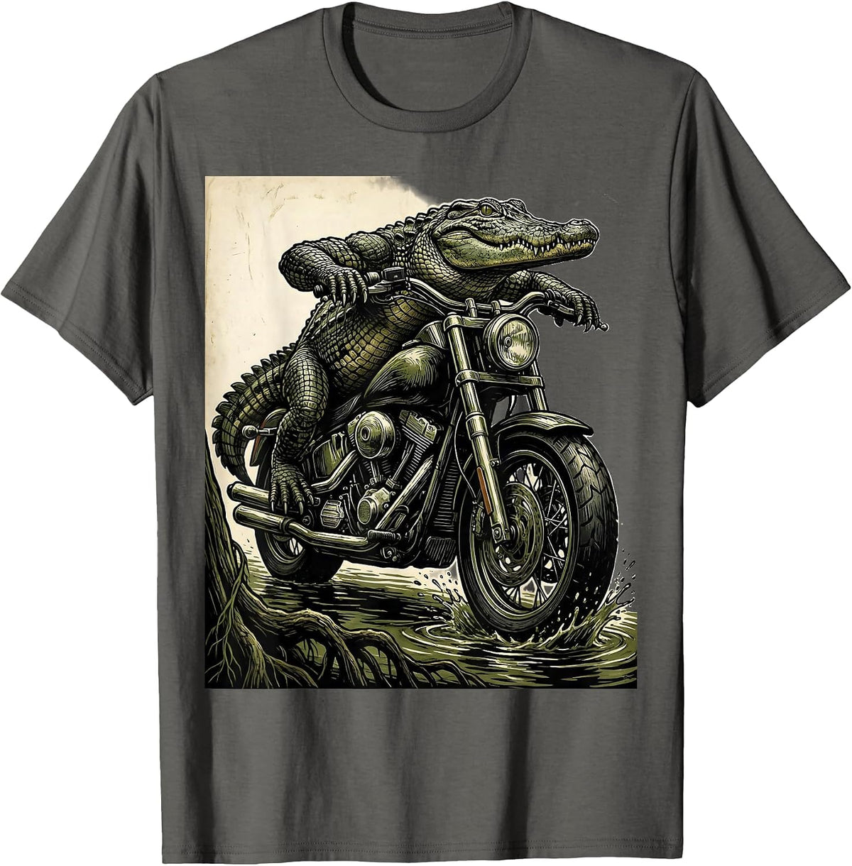Gator Riding Motorcycle Through the Swamp T-Shirt - Asphalt Grey