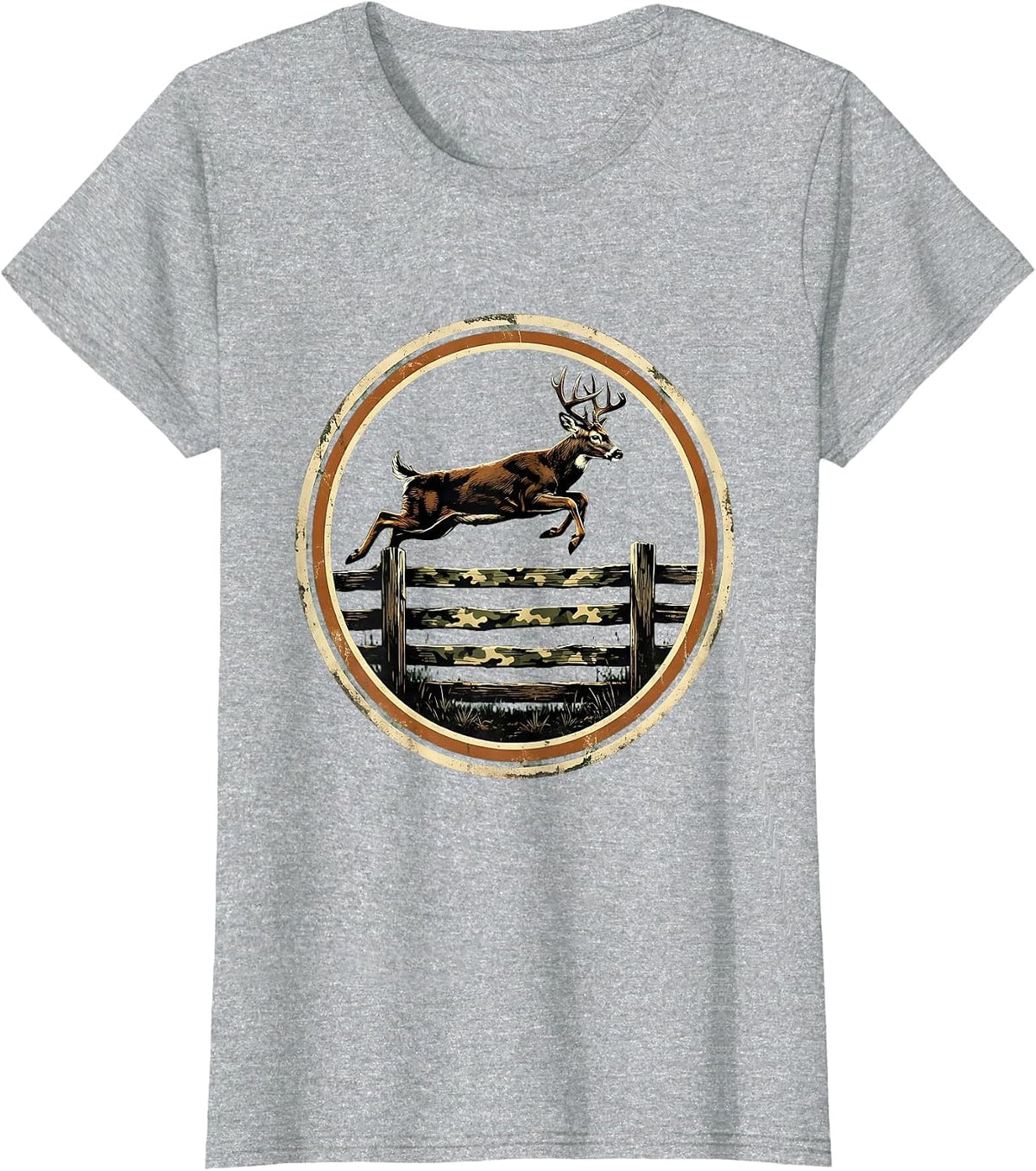 Buck Leaping Over Camo Fence Hunting Design T-Shirt - Heather Grey
