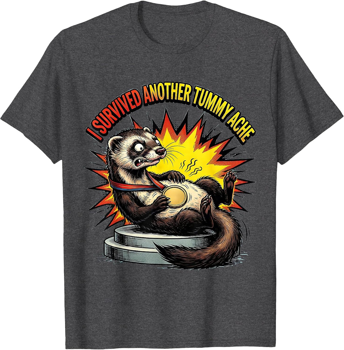 Men's I Survived Another Tummy Ache Funny Ferret Meme Humor T-Shirt - Dark Heather Grey