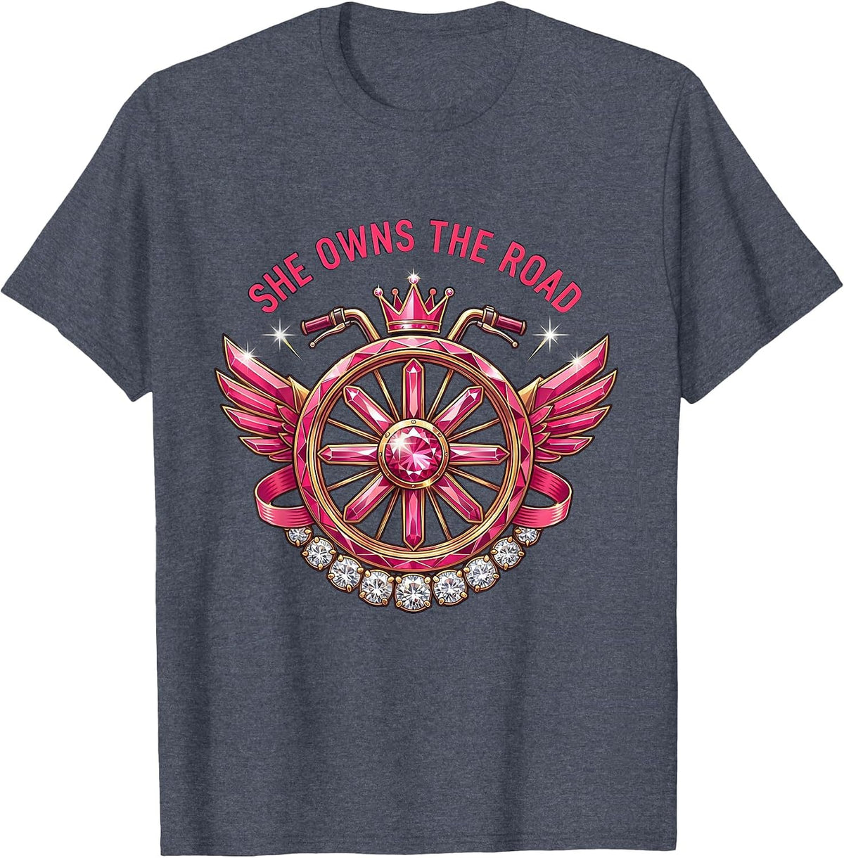 She Owns The Road Motorcycle Design T-Shirt - Heather Blue