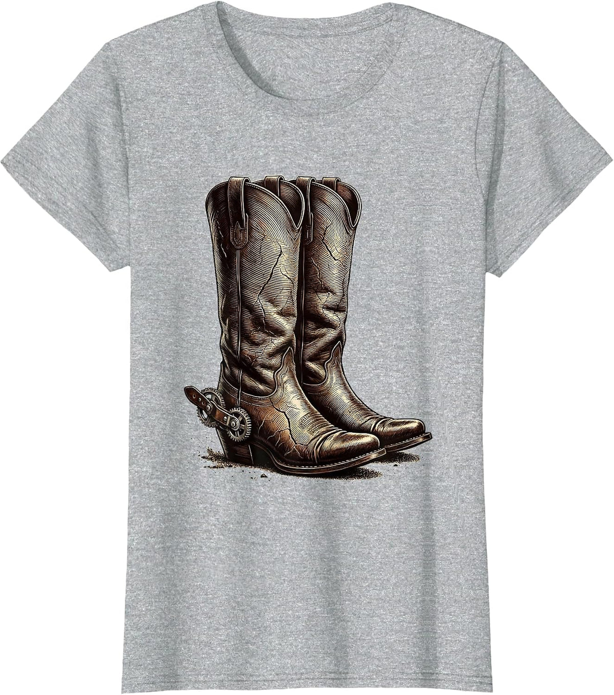Worn Cowboy Boots With Spurs Dusty Western Art T-Shirt - Heather Grey