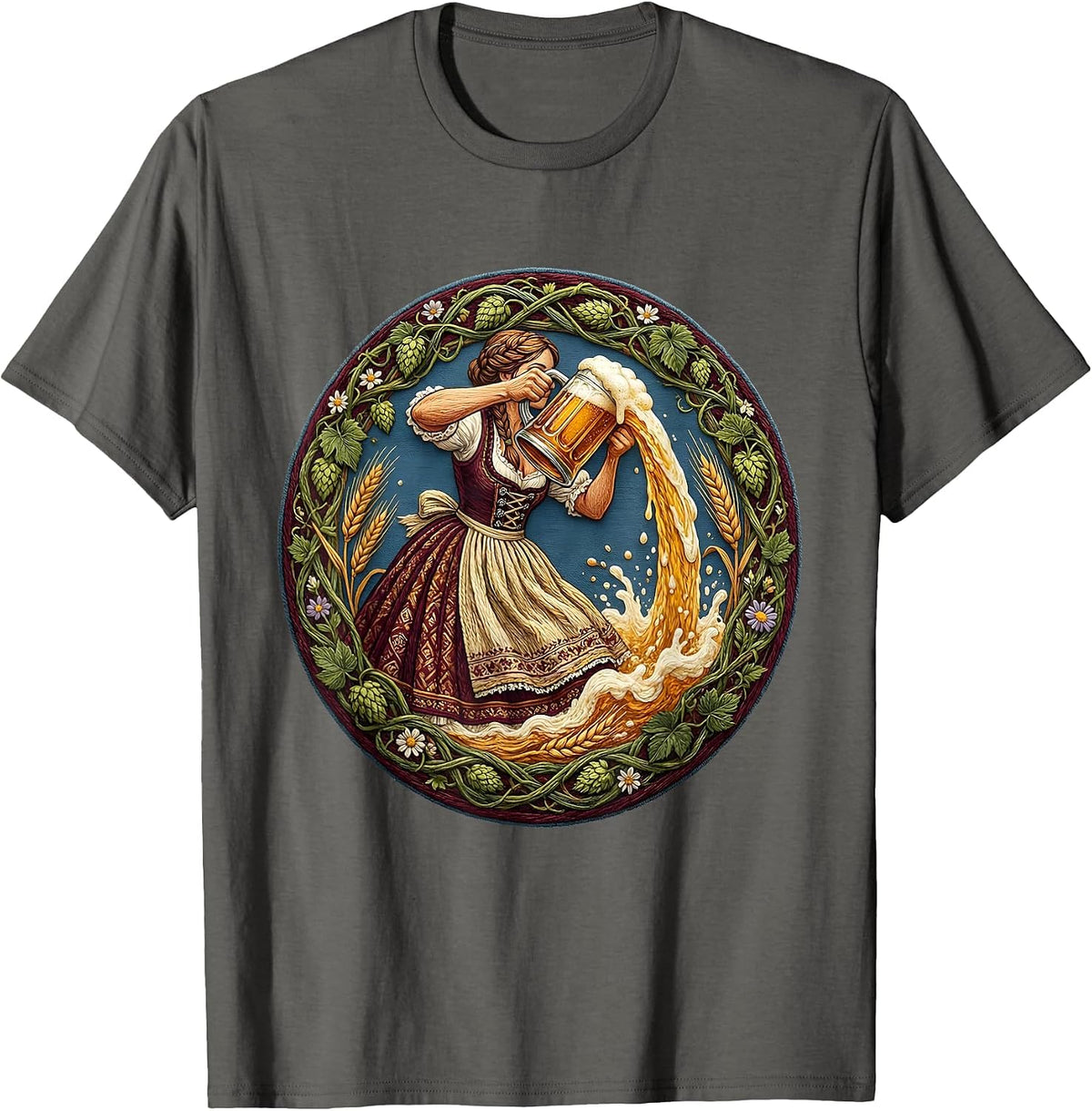 Men's Dirndl Beer Pourer Oktoberfest Illustration T-Shirt - Asphalt Grey