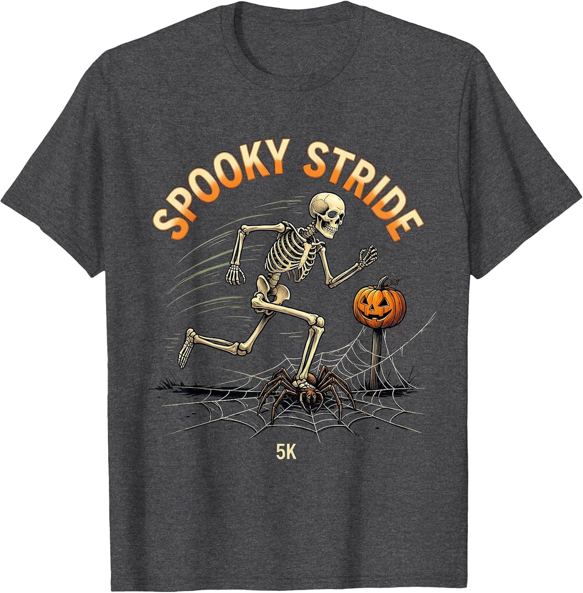 Men's Spooky Stride 5K Funny Skeleton Halloween Run Costume T-Shirt - Dark Heather Grey