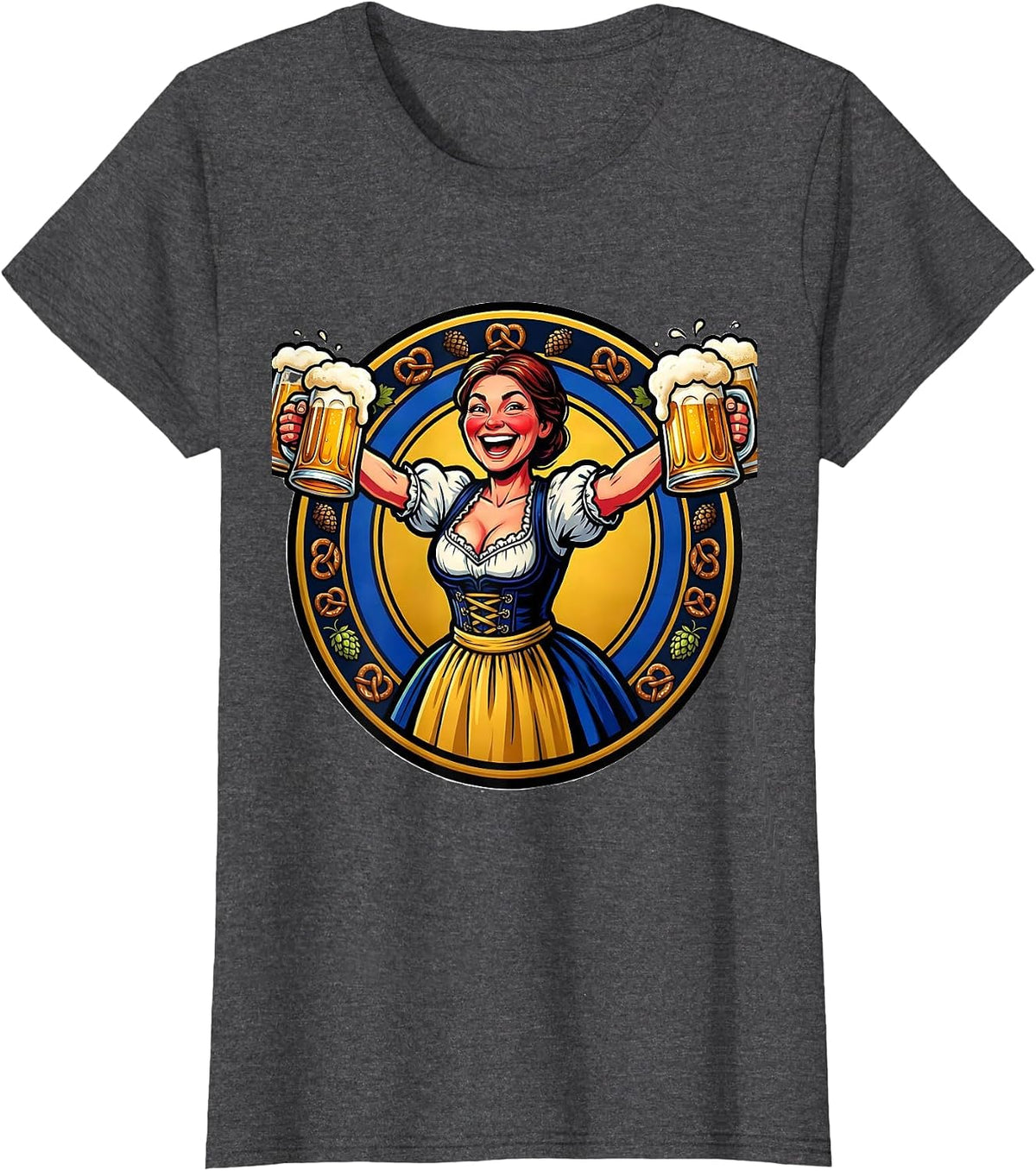 Women's Bavarian Dirndl Stein Bearer Oktoberfest Graphic T-Shirt - Dark Heather Grey