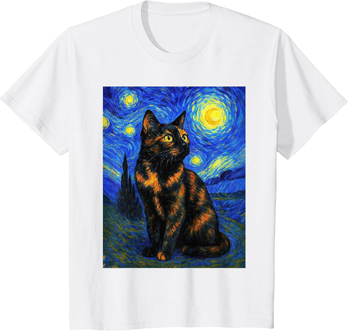 Tortoiseshell Cat Starry Night Van Gogh T-Shirt - White