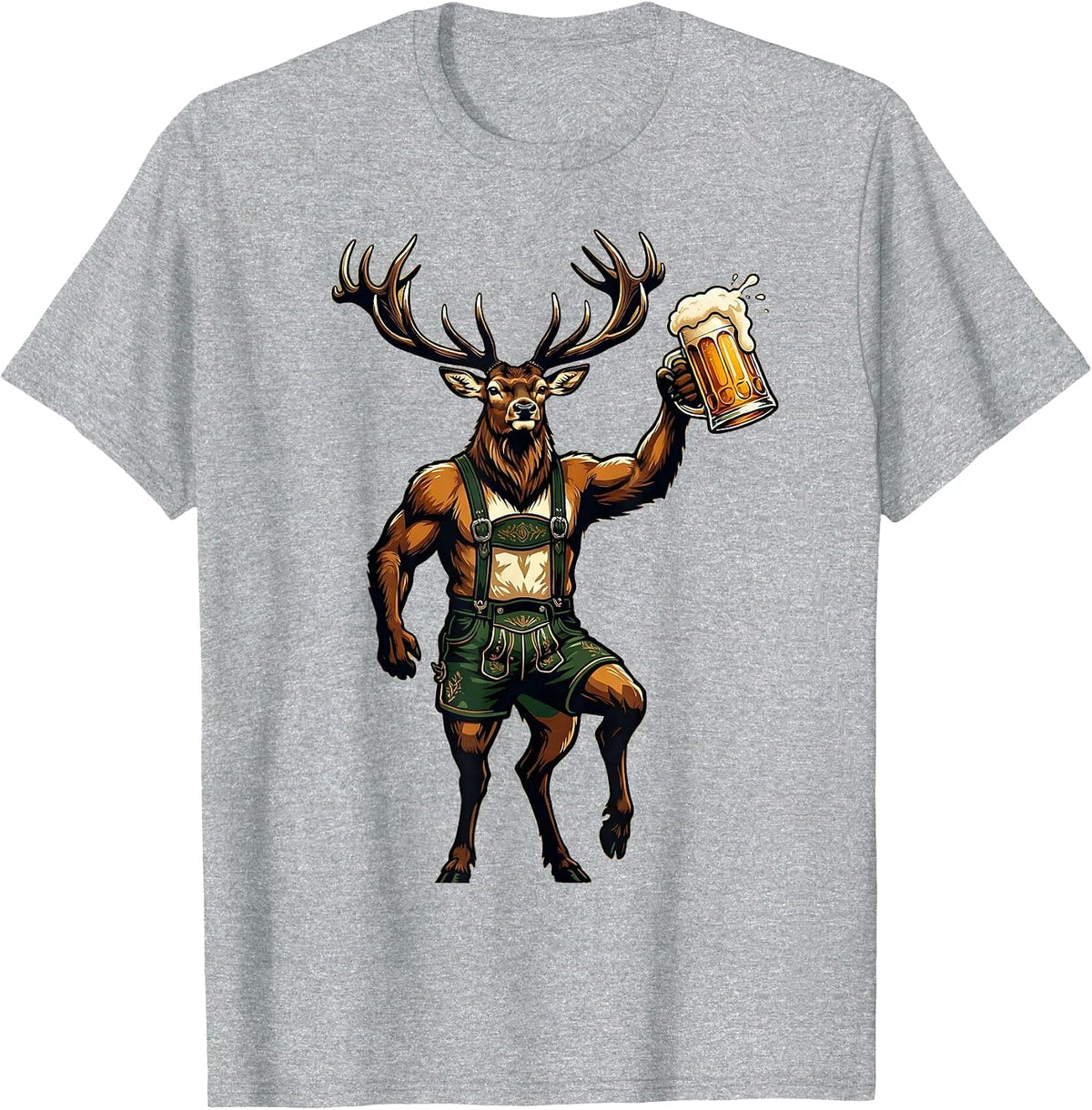 Men's Lederhosen Stag Beer Mug Oktoberfest Design T-Shirt - Heather Grey