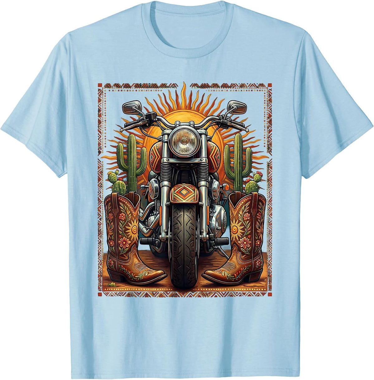 Men's Route 66 Cowboy Boots and Motorcycle Graphic T-Shirt - Baby Blue